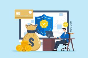 Flat illustration of man managing cybersecurity for online financial institutions with shield vector