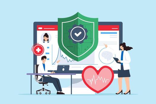 Flat illustration of two doctors handling cybersecurity for healthcare data and securing medical records vector