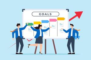 illustration of business team setting goals with sticky notes on whiteboard objective planning vector