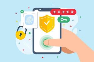 Flat illustration of hand using biometric authentication with fingerprint scanner shield and padlock vector