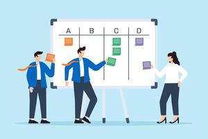 illustration of employees voting with sticky notes on whiteboard democratic teamwork and group evaluation vector