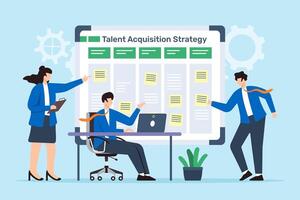 illustration of business professionals collaborate on talent acquisition strategy using sticky notes on whiteboard vector