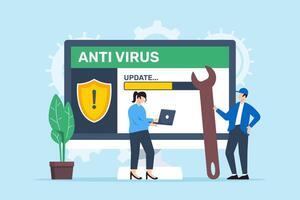 Flat illustration of two people updating antivirus software malware protection and preventing cyber threats vector