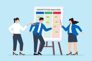 illustration of business team collaborates competitive analysis with sticky notes on whiteboard market positioning vector