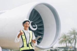 Technician fixing the engine of the airplane,Female aerospace engineering checking aircraft engines,Asian mechanic maintenance inspects plane engine photo