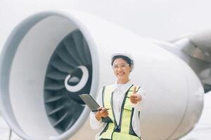 Technician fixing the engine of the airplane,Female aerospace engineering checking aircraft engines,Asian mechanic maintenance inspects plane engine photo
