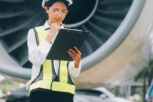 Technician fixing the engine of the airplane,Female aerospace engineering checking aircraft engines,Asian mechanic maintenance inspects plane engine photo