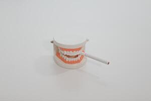 Ashtray in the form of a tooth with a stub on a white background photo