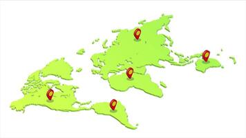 Isometric world map with location pointers in several regions and dynamic connecting lines video
