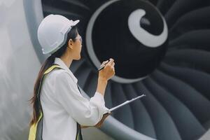 Technician fixing the engine of the airplane,Female aerospace engineering checking aircraft engines,Asian mechanic maintenance inspects plane engine photo