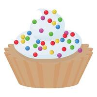 Cupcake with whipped cream and colorful sugar sprinkles. illustration isolated on white background. vector