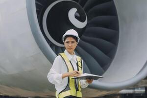 Technician fixing the engine of the airplane,Female aerospace engineering checking aircraft engines,Asian mechanic maintenance inspects plane engine photo