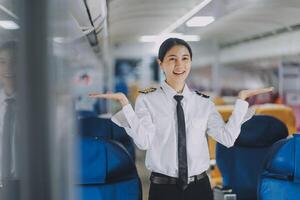 Portrait of a trained airplane captain in uniform preparing to fly, event planning in airplane. photo