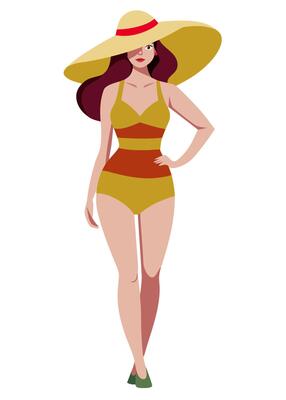 Trendy illustration of a beautiful woman in swimsuit and in summer hat. The theme of summer holidays, vacation.