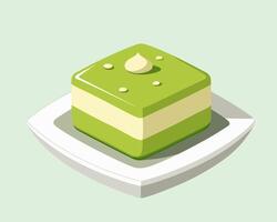 Piece of square matcha green tea layered cake on a plate. Cartoon style illustration. vector
