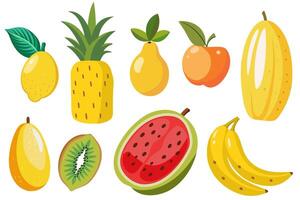 Collection of summer fruits. Lemon, pineapple, pear, apricot, melon, mango, kiwi, watermelon, banana. Cartoon style illustration. vector