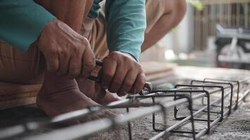 close up installing concrete steel reinforcement used for the casting process photo