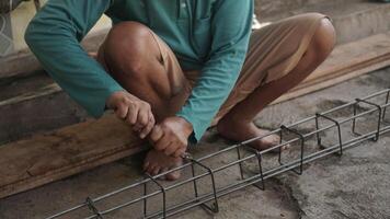 close up installing concrete steel reinforcement used for the casting process photo