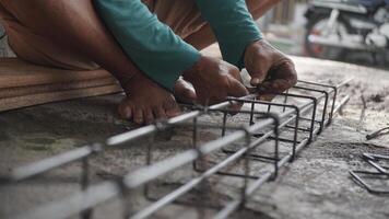 close up installing concrete steel reinforcement used for the casting process photo