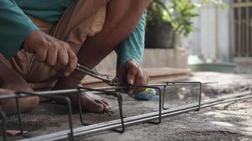 close up installing concrete steel reinforcement used for the casting process photo