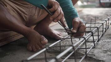 close up installing concrete steel reinforcement used for the casting process photo
