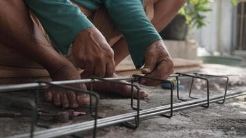 close up installing concrete steel reinforcement used for the casting process photo