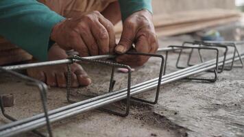 close up installing concrete steel reinforcement used for the casting process photo
