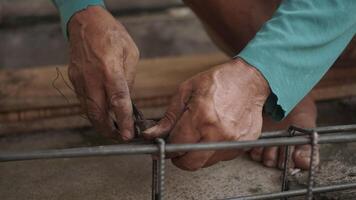 close up installing concrete steel reinforcement used for the casting process photo