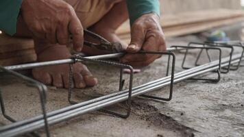 close up installing concrete steel reinforcement used for the casting process photo