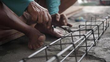 close up installing concrete steel reinforcement used for the casting process photo
