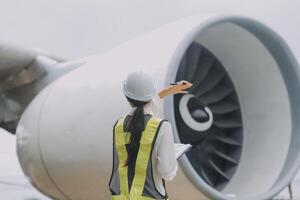 Technician fixing the engine of the airplane,Female aerospace engineering checking aircraft engines,Asian mechanic maintenance inspects plane engine photo