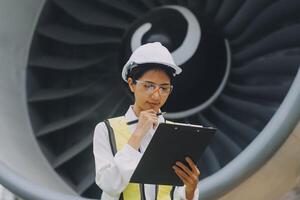 Technician fixing the engine of the airplane,Female aerospace engineering checking aircraft engines,Asian mechanic maintenance inspects plane engine photo