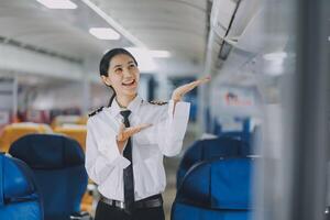 Portrait of a trained airplane captain in uniform preparing to fly, event planning in airplane. photo