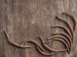 Pine leaves on old brown wood background, vintage style for copy space. photo