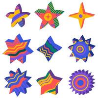 Colorful ornamental pseudo 3D star collection or set isolated on white. Symbols for game, flat style vector
