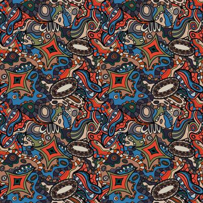 Bright crazy doodle sketch seamless pattern. Background with messy ink art with different shapes, curls. Fantasy texture, textile, wrapping paper, fabric.