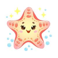 Illustration of happy cartoon starfish with a friendly smile, surrounded by bubbles and sparkling stars vector