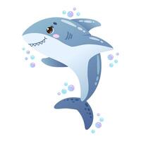 Illustration of happy blue shark with a friendly smile, surrounded by bubbles in cartoon style vector