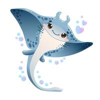 Illustration of happy cute stingray with a friendly smile, surrounded by bubbles in cartoon style vector