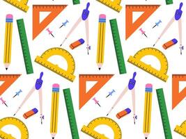 Multicolored seamless pattern of stationery accessories. Background from set of ruler, compass, pencil and eraser vector