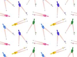 Seamless architectural background with colorful compasses. Bright pattern with stationery accessories for geometry and engineers vector