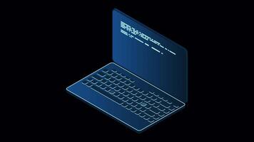 Isometric laptop animation. 3d isometric laptop computer. Abstract programming language and program code on a laptop screen. Transparent background with alpha channel video