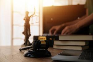 Lawyer, legal advisor, businessman brainstorming information on agreement details Business contracts in legal processing books for accuracy in contract documents. joint financial investment. photo