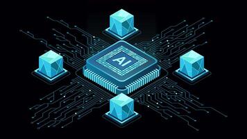 Isometric artificial intelligence chip animation. Artificial Intelligence concept. Futuristic microchip processor. Motion graphic. Transparent background with alpha channel video