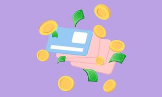 3d realistic credit card floating coins around design vector