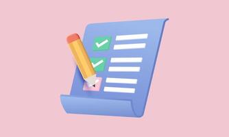 3d realistic clipboard pencil on pink background cartoon style design vector