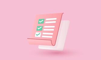 3d realistic white clipboard checklist on pink background cartoon style design vector