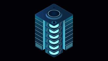Isometric futuristic server animation. Isometric database or data center. Abstract blockchain. Computer storage. Cloud storage. Transparent background with alpha channel video