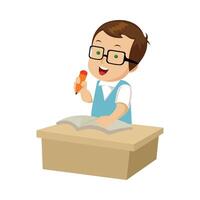 cute boy reading book over white background. colorful design. cartoon of a smart child doing assignments vector
