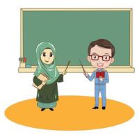 Muslim teacher and student at the blackboard in classroom. Teacher cartoon illustration of work, the profession of a teacher.Suitable for use in designing job introduction for kids vector